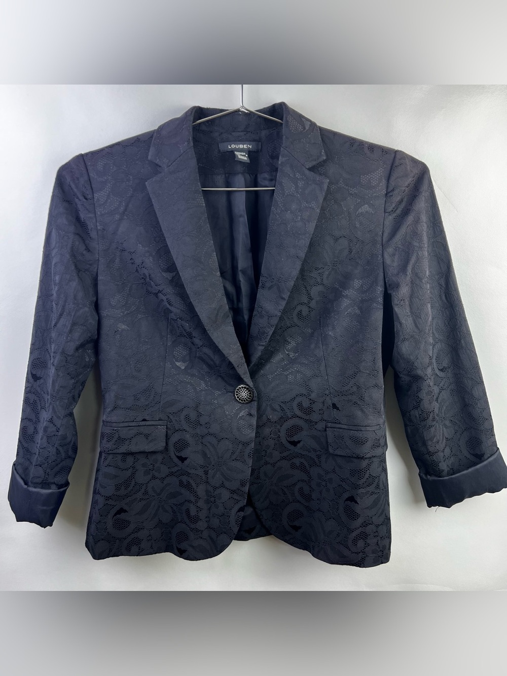 Louben Women Black Floral Lace One Button Jacket Blazer